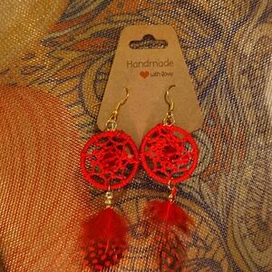 Handmade Red Dreamcatcher Feather Drop Earrings — Gold Hooks